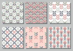 Set of six seamless patterns featuring geometric floral motifs in soft pastel tones including pink, gray, olive green, and cream backgrounds, ideal for fabric, wallpaper, and surface design vector