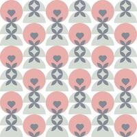 Seamless pattern featuring abstract heart shapes, geometric petals, and semi-circles in soft pastel tones of pink, gray, and pale green, perfect for romantic themes, textiles, and surface design vector
