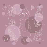 Set with cute alpaca and skeins of yarn color. Outline illustration for your projects. vector