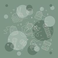 Set with cute cat, balls of yarn and containers color. Outline illustration for your projects. vector