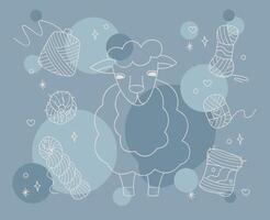 Set with cute sheep and skeins of yarn color. Outline illustration for your projects. vector