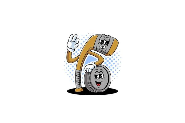 hockey stick and puck retro cartoon character mascot illustration with showing ok hand, standing and leaning on each other for hockey sport club, hockey tournament mascots and merchandise