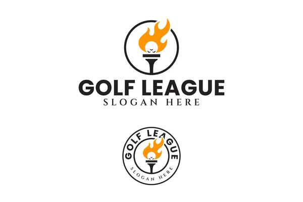 golf ball with fire and torch logo design sets. torch and fire flame with golf ball and pin badge logo design. modern golf torch illustration logo for golfer, golf sport club and tournament