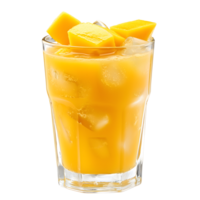 Fresh Mango Chunks, Juice, and Ice Cubes in a Clear Glass on Transparent Background png