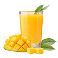 Fresh Mango Juice in Glass with Diced Mango and Green Leaves on Transparent Background png