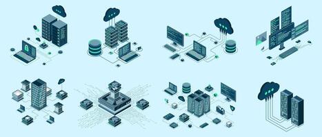 Set of isometric modern technology concept for cloud computing, Datacenter, Database, artificial intelligence, and blockchain technology. Isometric technology. vector