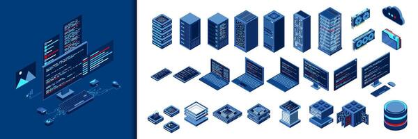 Set of isometric computer technology. Isometric set server equipment. Modern technology concept for cloud computing. Isometric technology. vector