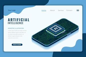 Artificial intelligence isometric landing page. AI technology. Artificial intelligence chip. Machine learning technology concept. Isometric technology, vector