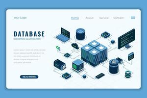Database isometric landing page. Internet of things. Cloud computing online database technology. Isometric technology vector