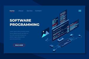 Software programming isometric landing page. Programming languages interface on computer screen. Programmer coding. Isometric technology vector
