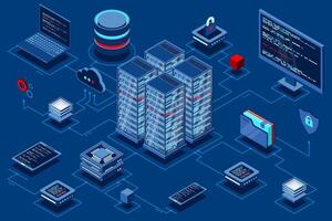 Computation of big data center. Cloud computing. Online devices upload and download information. Isometric technology. vector