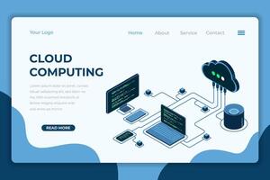 Cloud computing isometric landing page. Cloud storage server. Cloud computing online database technology. Isometric technology, vector