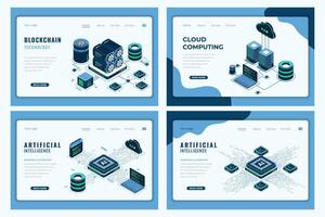 Set of isometric landing page template. Modern technology concept for cloud computing, artificial intelligence, and blockchain technology. Isometric technology vector