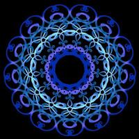 Round abstract mandala pattern in blue on black background vector