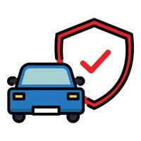 A car with a shield, symbolizing vehicle protection, insurance, and safety round line icon with editable stroke vector