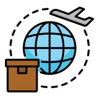 A plane flying around a globe, alongside a package box, symbolizing global shipping and international delivery services color icon vector