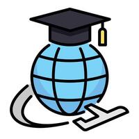 Globe with graduation cap and plane color icon vector
