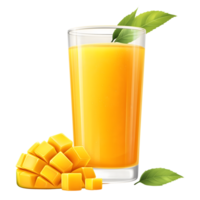 Fresh Mango Juice in Glass with Cubes and Leaves on Transparent Background png