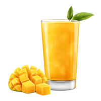 Mango Juice in Glass with Leaves and Cubed Fruit on Transparent Background png