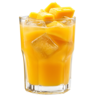 Glass of Fresh Mango Juice with Ice Cubes and Mango Pieces on Transparent Background png