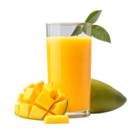 Fresh Mango Juice Glass with Cubed Fruit and Leaves on Transparent Background png