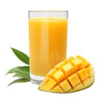 Refreshing Mango Juice in Glass with Cut Fruit and Leaves on Transparent Background png