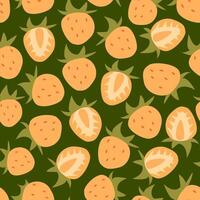 Seamless pattern with yellow strawberries on a dark green background. A berry print with a summer vibe, perfect for textiles, packaging, scrapbooking paper and decorative design vector