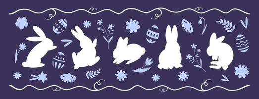 A set of silhouettes of rabbits in different poses with floral elements and Easter eggs with ornaments. Seamless horizontal pattern vector