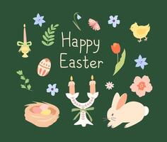 Greeting card with Easter elements. Rabbit, eggs, flowers, nest vector