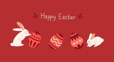 Easter card with cute white rabbits and painted eggs with ornaments. Easter poster, banner, card vector