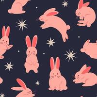 Funny seamless pattern with cute pink rabbits on a dark background with stars. Suitable for fabric, textile, wrapper, packaging, background, cover vector