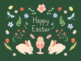 Easter greeting card with rabbits, eggs and plant elements vector