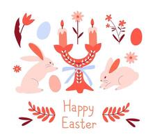 Easter card with a candlestick, rabbits, painted eggs, flowers. vector