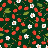 Seamless summer pattern with juicy red cherries, white flowers and green leaves on a dark background. Suitable for fabric, textile, wrapper, packaging, background, cover vector