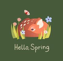 Greeting card. A deer curled up in the grass with flowers. vector