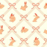 A delicate seamless pattern with cute rabbits on a warm beige background with a rhombus mesh and bows. Perfect for children's textiles, clothing, cards or gift wrapping. vector
