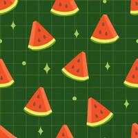 A seamless pattern with bright watermelon slices on a dark green background with a decorative grid and stars. Juicy summer design, perfect for packaging, textiles, paper vector