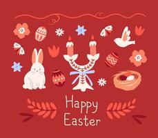 Greeting card for Easter with a cute rabbit, candle holder with ornament, plant elements, nest vector