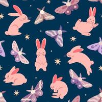 Delicate nighttime seamless pattern with cute pink rabbits and fairy butterflies on a dark blue background with stars. Suitable for fabric, textile, wrapper, packaging, background, cover vector