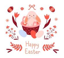 Easter card with a rabbit in a basket, painted eggs and plant elements vector