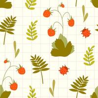 Cute botanical seamless pattern with strawberry bushes and ladybugs on a light background with a grid. Summer print suitable for wrapping, textiles, packaging, backgrounds. vector