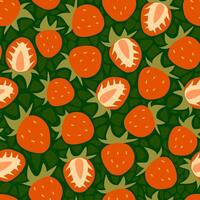 A cute seamless pattern with strawberries on a green background. Suitable for wrapping, textiles, packaging, backgrounds vector