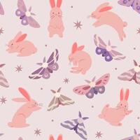 Delicate seamless pattern with cute rabbits, butterflies and stars on a light background. Suitable for wrapping, textiles, packaging, backgrounds vector