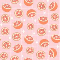 A bright seamless pattern in pink tones with grapefruit slices from different angles with stars and a checkered grid on the background. Suitable for kitchen textiles, packaging, summer accessories vector