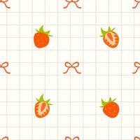 A cute seamless pattern with strawberries and bows on a light background with a pink mesh. Suitable for wrapping, textiles, packaging, backgrounds vector
