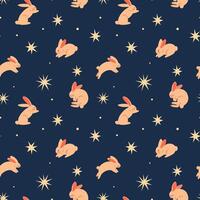 Cute seamless pattern with delicate rabbits on a dark background with stars. Suitable for wrapping, textiles, packaging, backgrounds vector