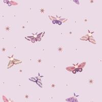 Delicate seamless pattern with cute night butterflies on a light purple background with stars. Suitable for wrapping, textiles, packaging, backgrounds vector
