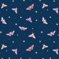 A charming seamless pattern with cute night butterflies on a dark starry background. Suitable for wrapping, textiles, packaging, backgrounds vector