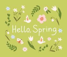 Spring card with elements of flowers, plants, birds, butterflies vector