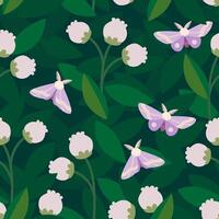 A seamless floral pattern with delicate lilac butterflies on a dark green background with white flowers and dense foliage. Suitable for fabric, textile, wrapper, packaging, background, cover vector